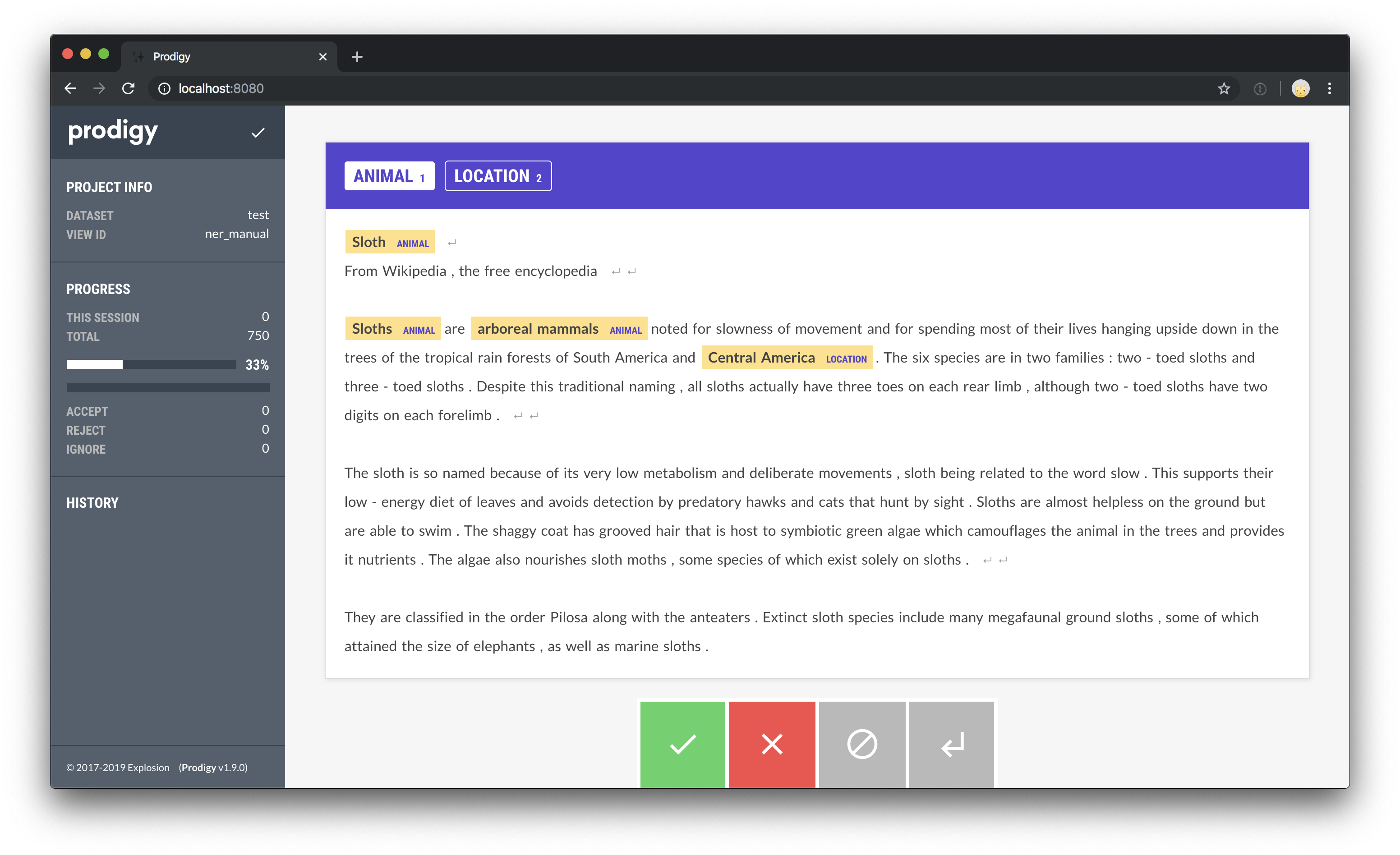 Screenshot of manual NER UI with long text