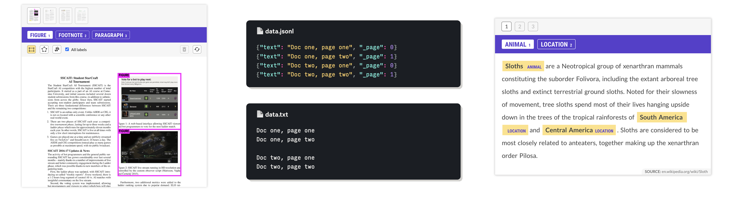 Screenshot of the pages interface and data formats