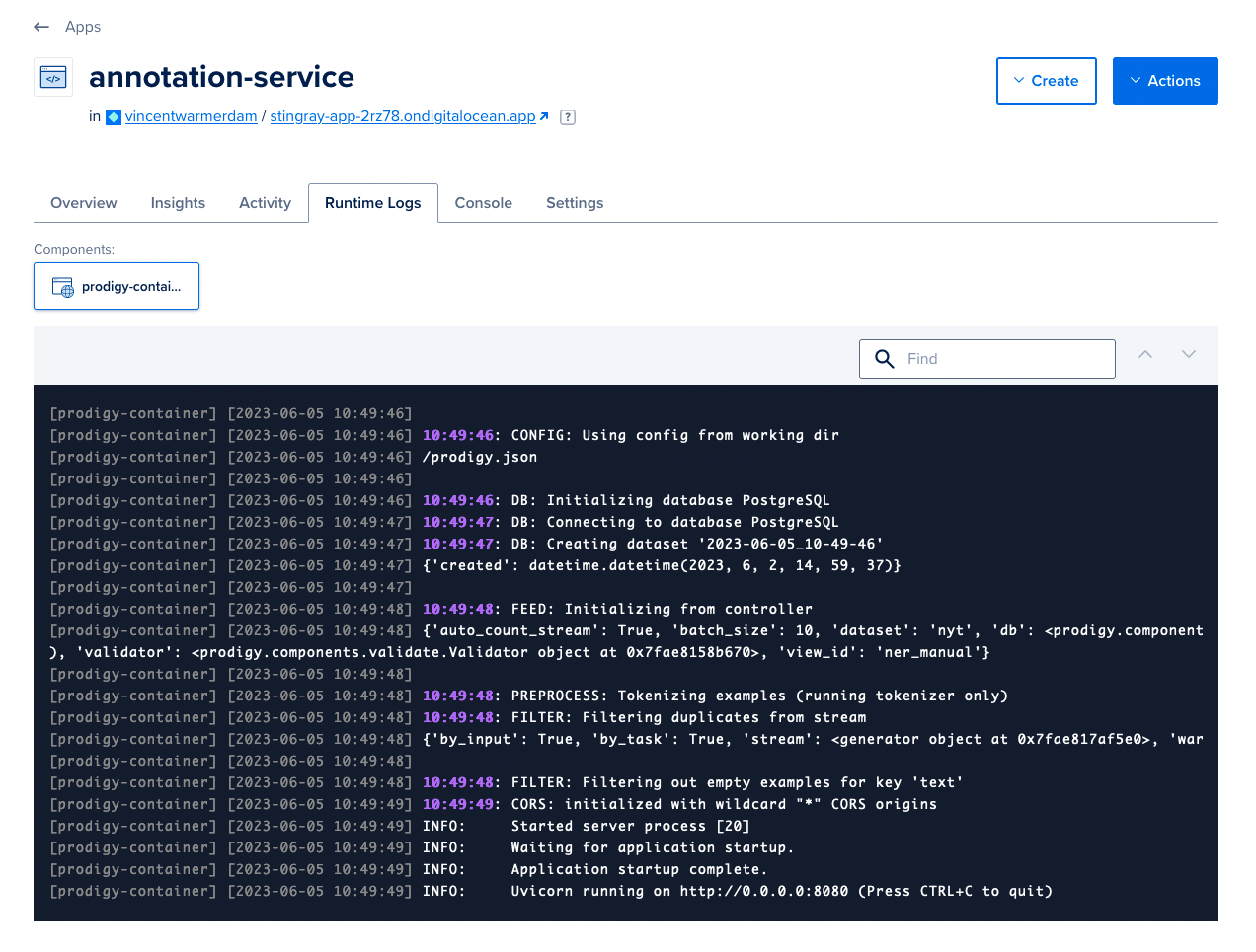 Runtime logs from Digital Ocean